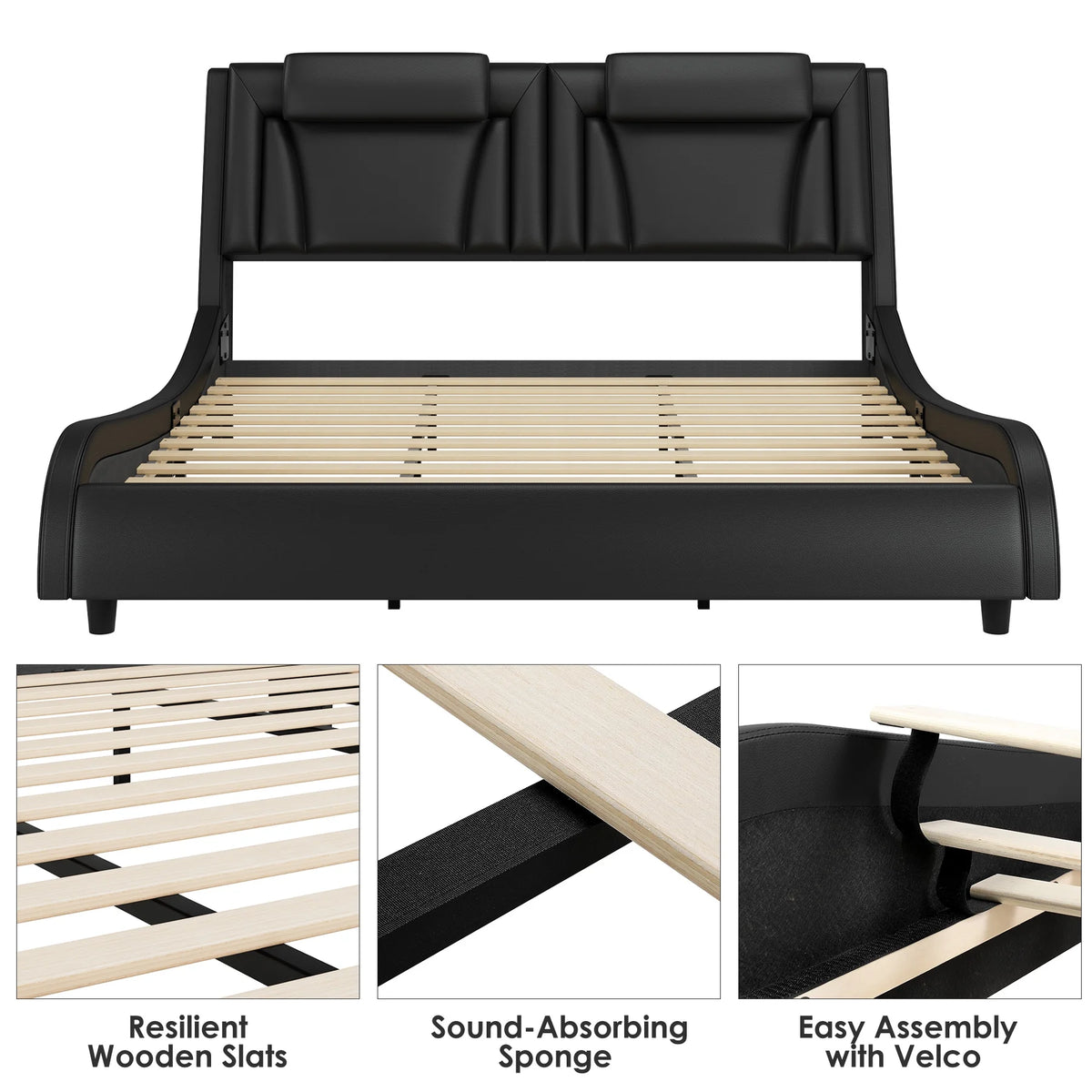 Queen LED PU Leather Upholstered Platform Bed with Adjustable Headboard A64656