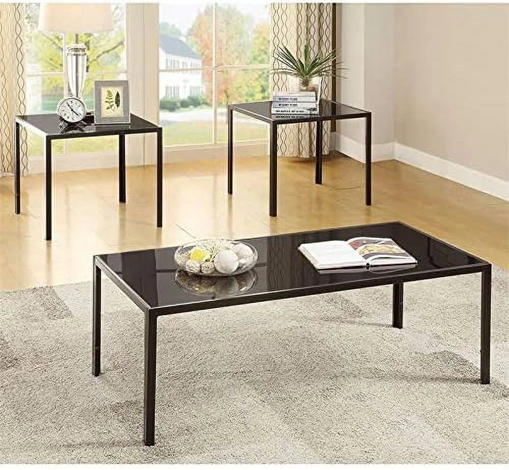 Black 3 Piece Glass Top Coffee Table Set U131