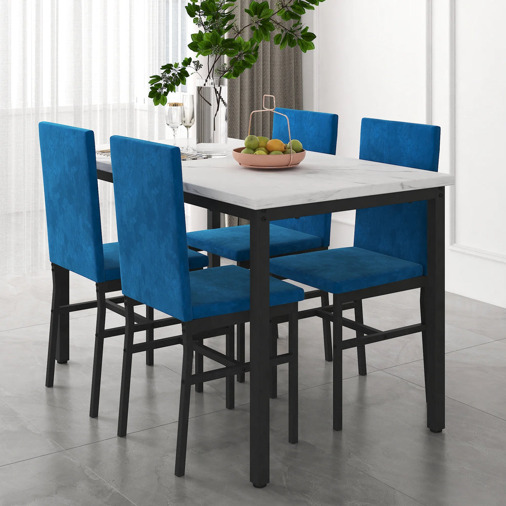 5-Piece Dining Table and Chairs Set with White Marble Top and Blue Velvet Chairs J960