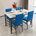 5-Piece Dining Table and Chairs Set with White Marble Top and Blue Velvet Chairs J960