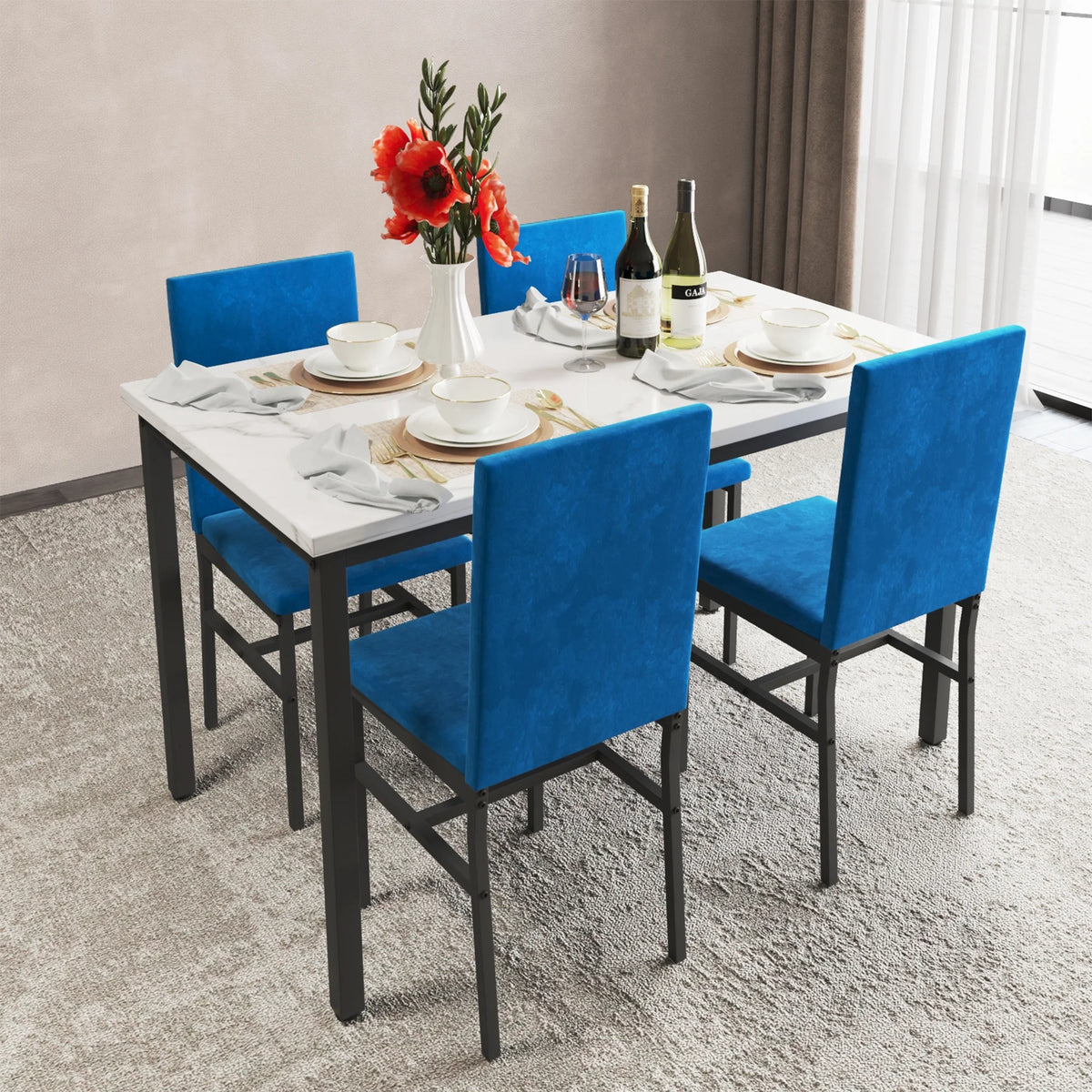 5-Piece Dining Table and Chairs Set with White Marble Top and Blue Velvet Chairs J960
